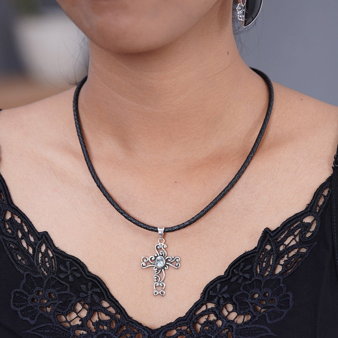 Indonesian Sterling Silver and Blue Topaz Necklace - Balinese Cross