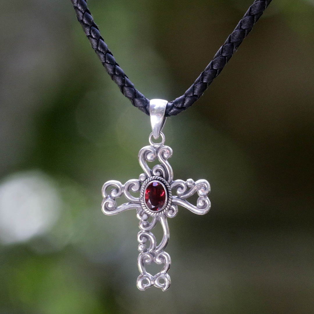 Sterling Silver and Garnet Religious Necklace - Balinese Cross