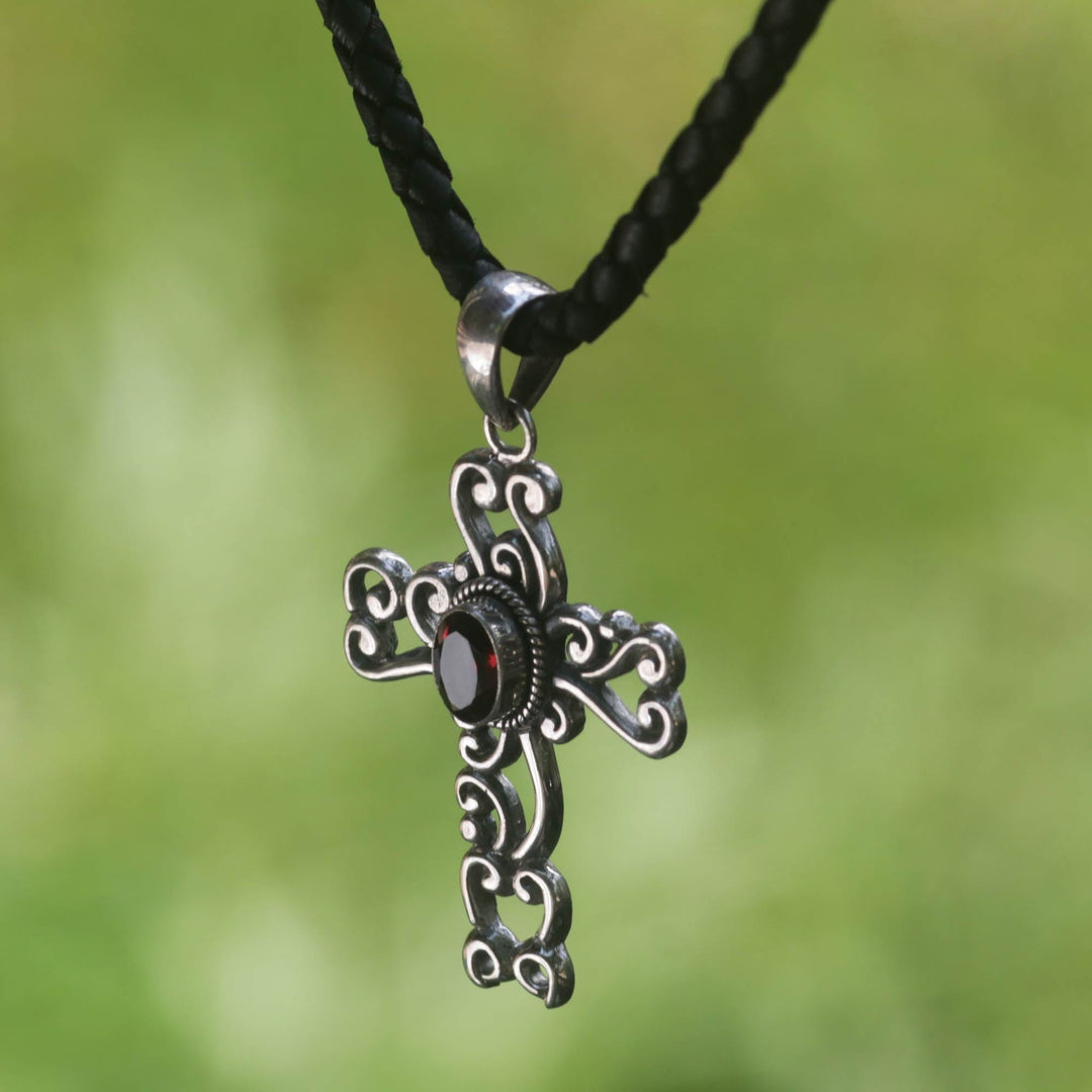 Sterling Silver and Garnet Religious Necklace - Balinese Cross
