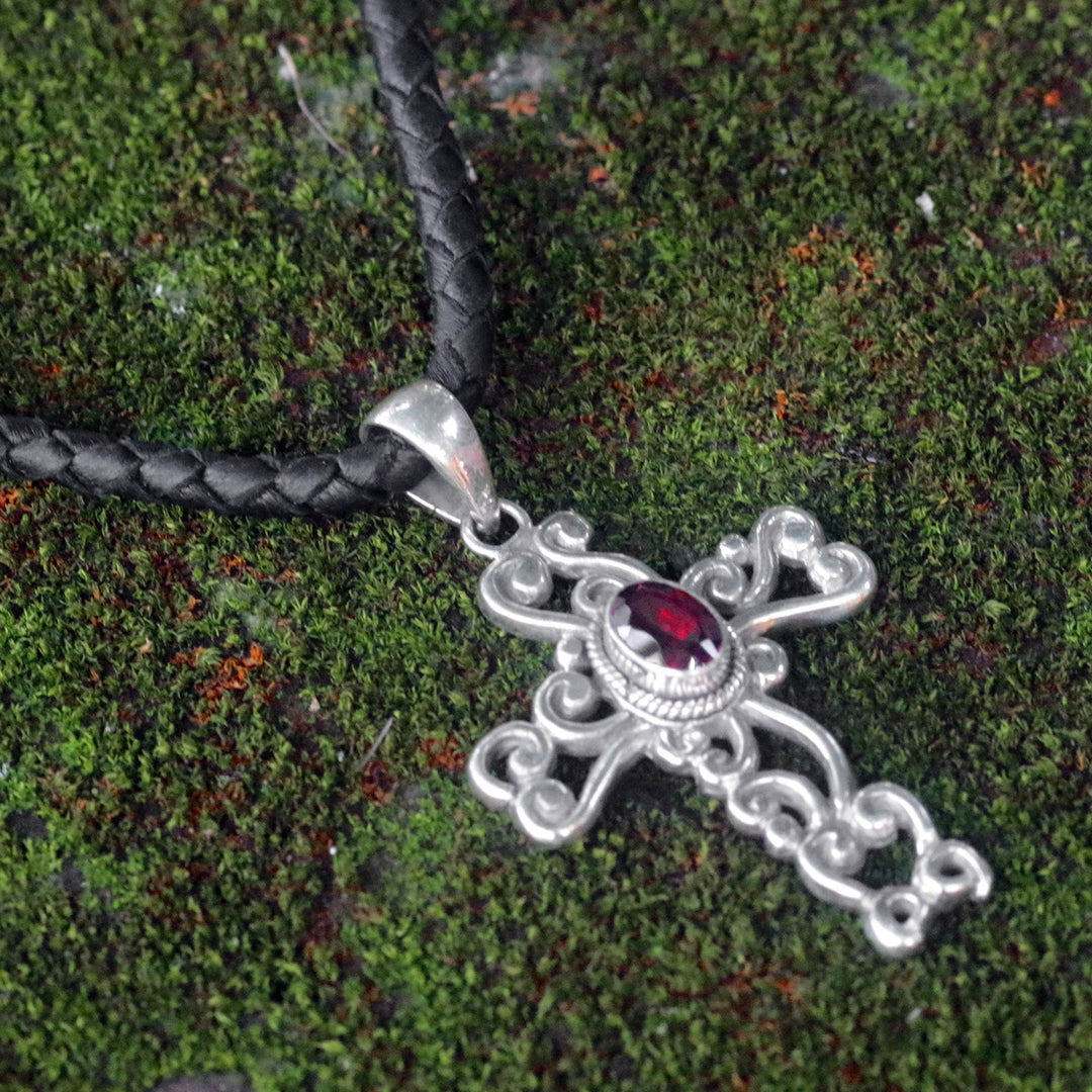 Sterling Silver and Garnet Religious Necklace - Balinese Cross