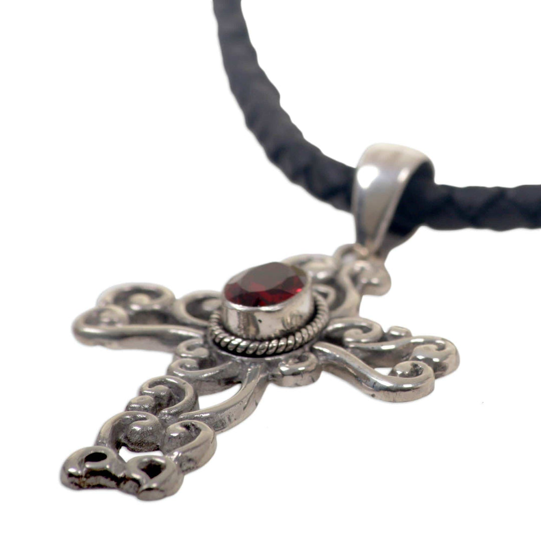Sterling Silver and Garnet Religious Necklace - Balinese Cross