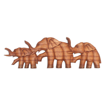 Wood Elephant Relief Panel - Hand in Hand