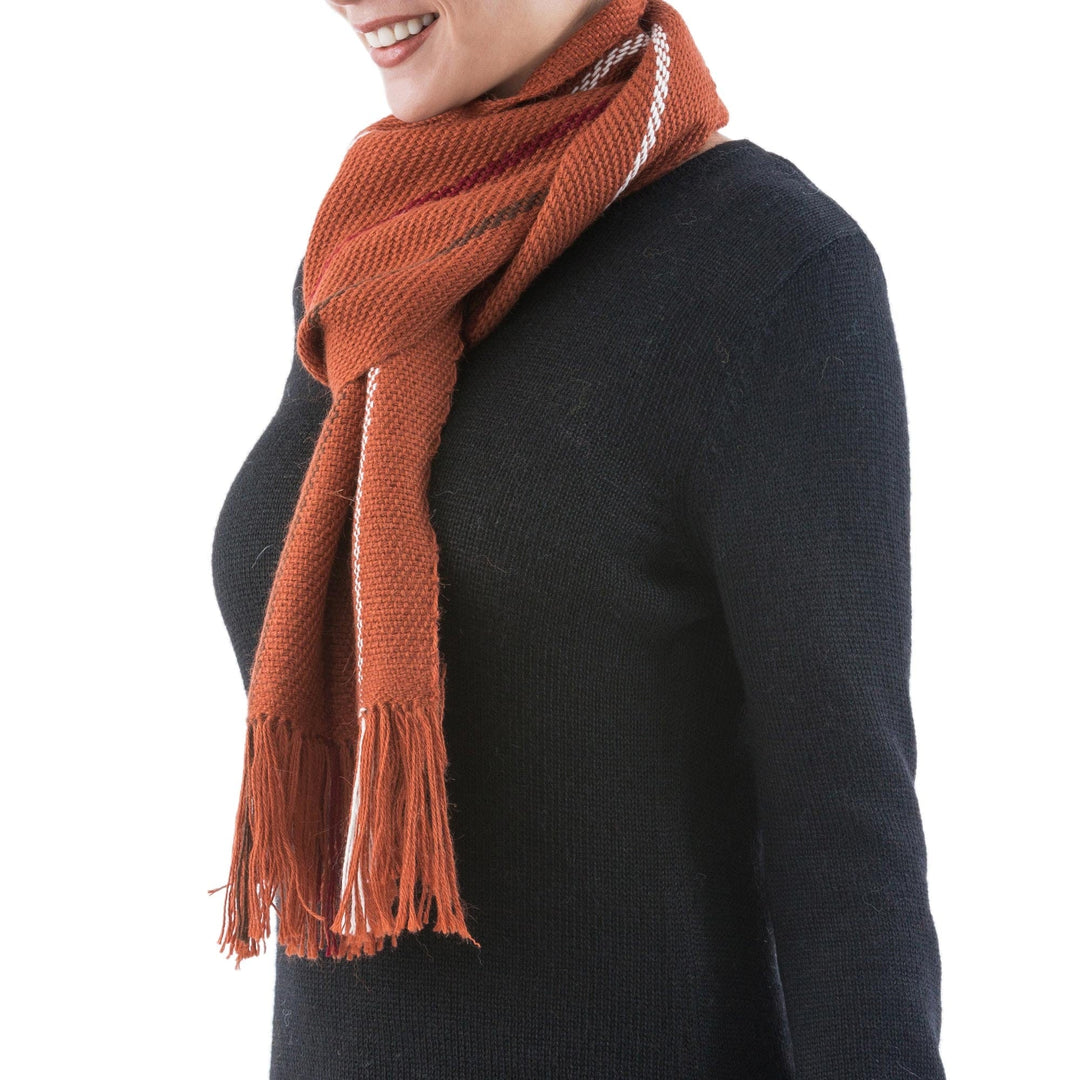 Alpaca Wool Blend Patterned Orange Scarf from Peru - Andean Cinnamon