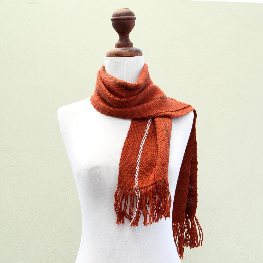 Alpaca Wool Blend Patterned Orange Scarf from Peru - Andean Cinnamon