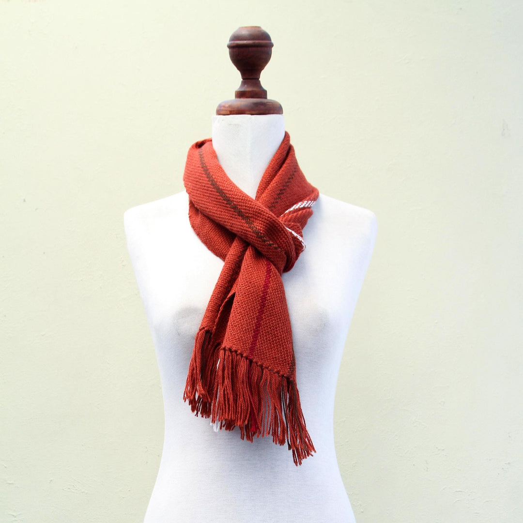 Alpaca Wool Blend Patterned Orange Scarf from Peru - Andean Cinnamon
