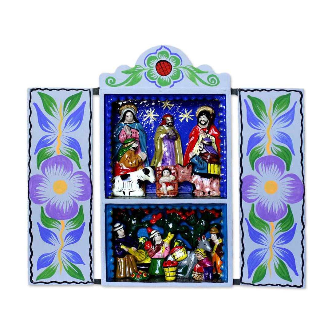 Christmas Nativity Retablo Folk Art Handmade in Peru - Blue Christmas