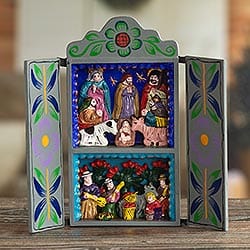 Christmas Nativity Retablo Folk Art Handmade in Peru - Blue Christmas