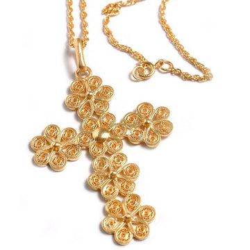 Gold Plated Cross Necklace - Cross of Flowers