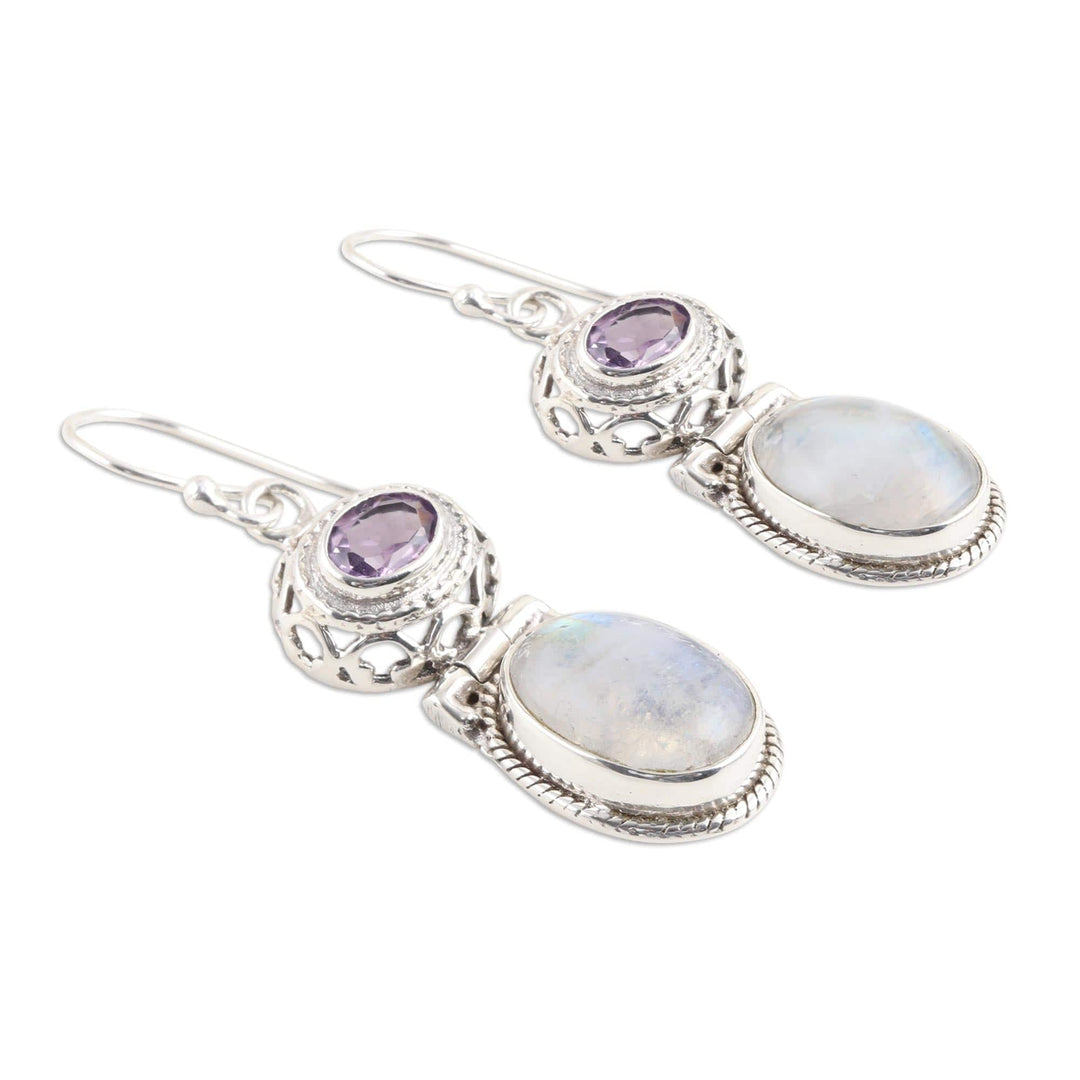 Rainbow Moonstone and Amethyst Dangle Earrings - Magic and Mysticism