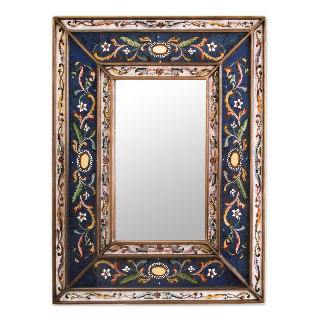 Hand Made Floral Glass Wood Rectangle Mirror - Cajamarca Frost