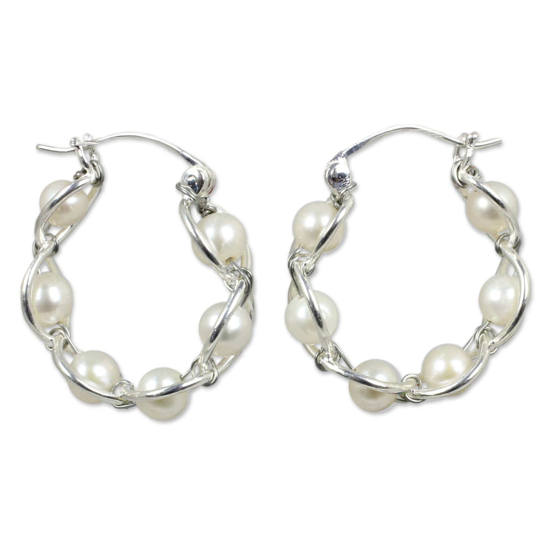 Sterling Silver and Pearl Hoop Earrings - Cloud Twist