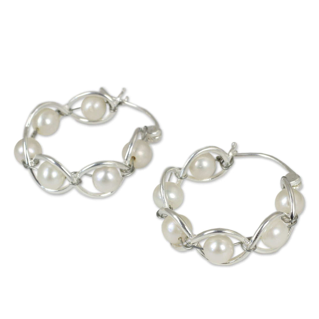 Sterling Silver and Pearl Hoop Earrings - Cloud Twist