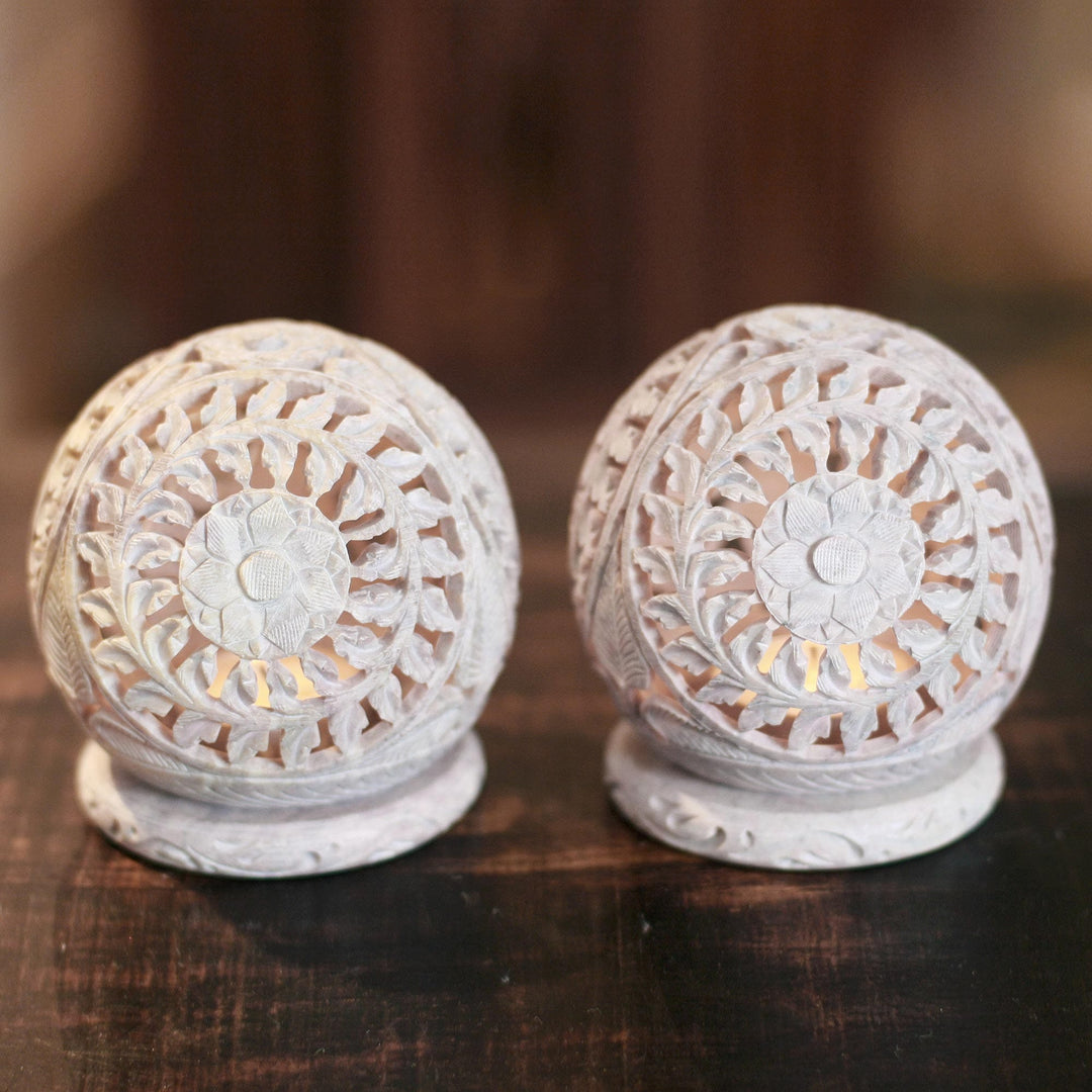Hand Carved Jali Soapstone Candle Holders (Pair) - World is a Flower