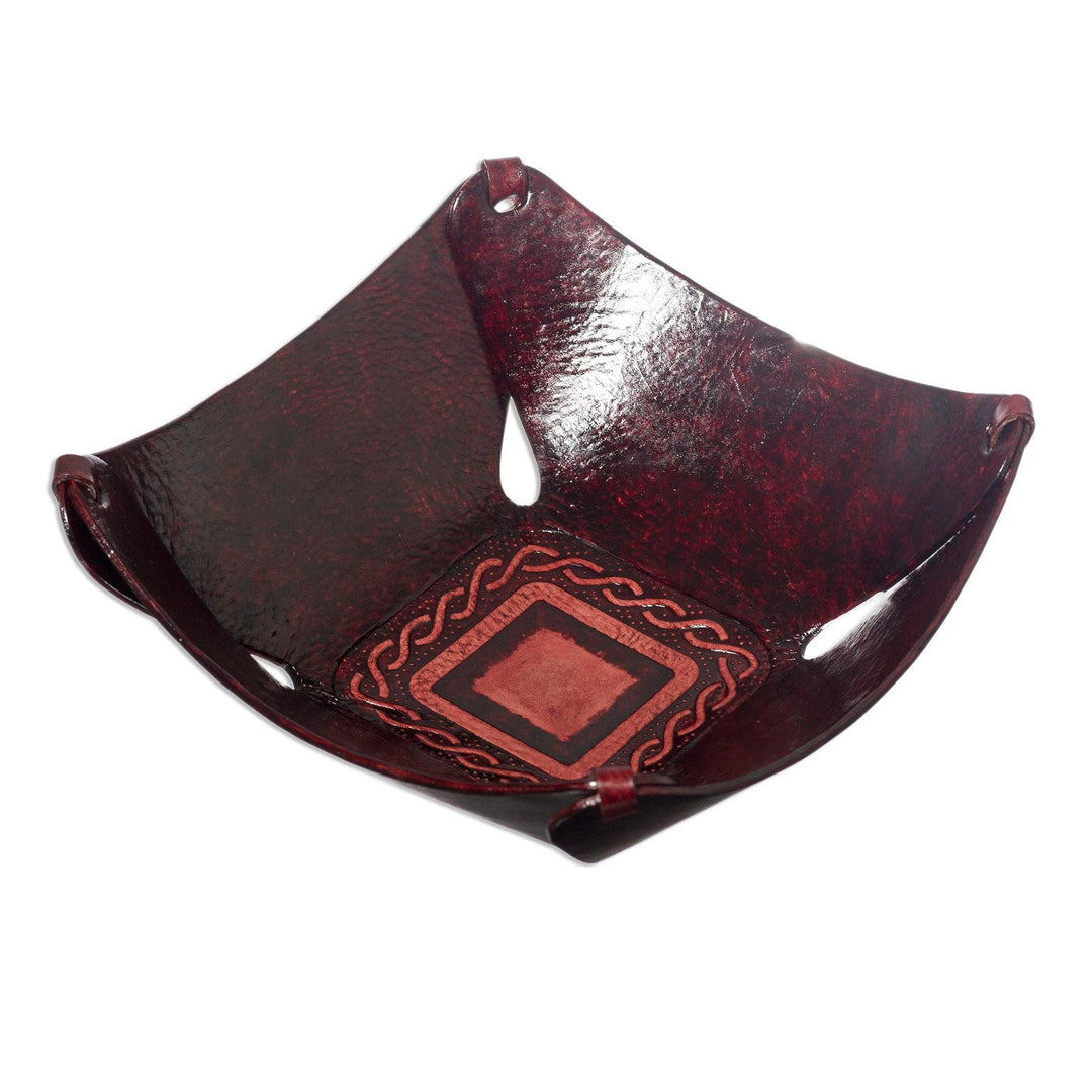 Squared Brown Hand Tooled Peruvian Leather Catchall  - Lasso Window