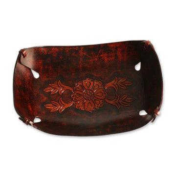 Rectangular Hand Crafted Leather Brown Floral Catchall - Sunflower Garland