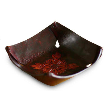 Leather Catchall in Brown Leather with a Floral Motif - Sunflower Magic