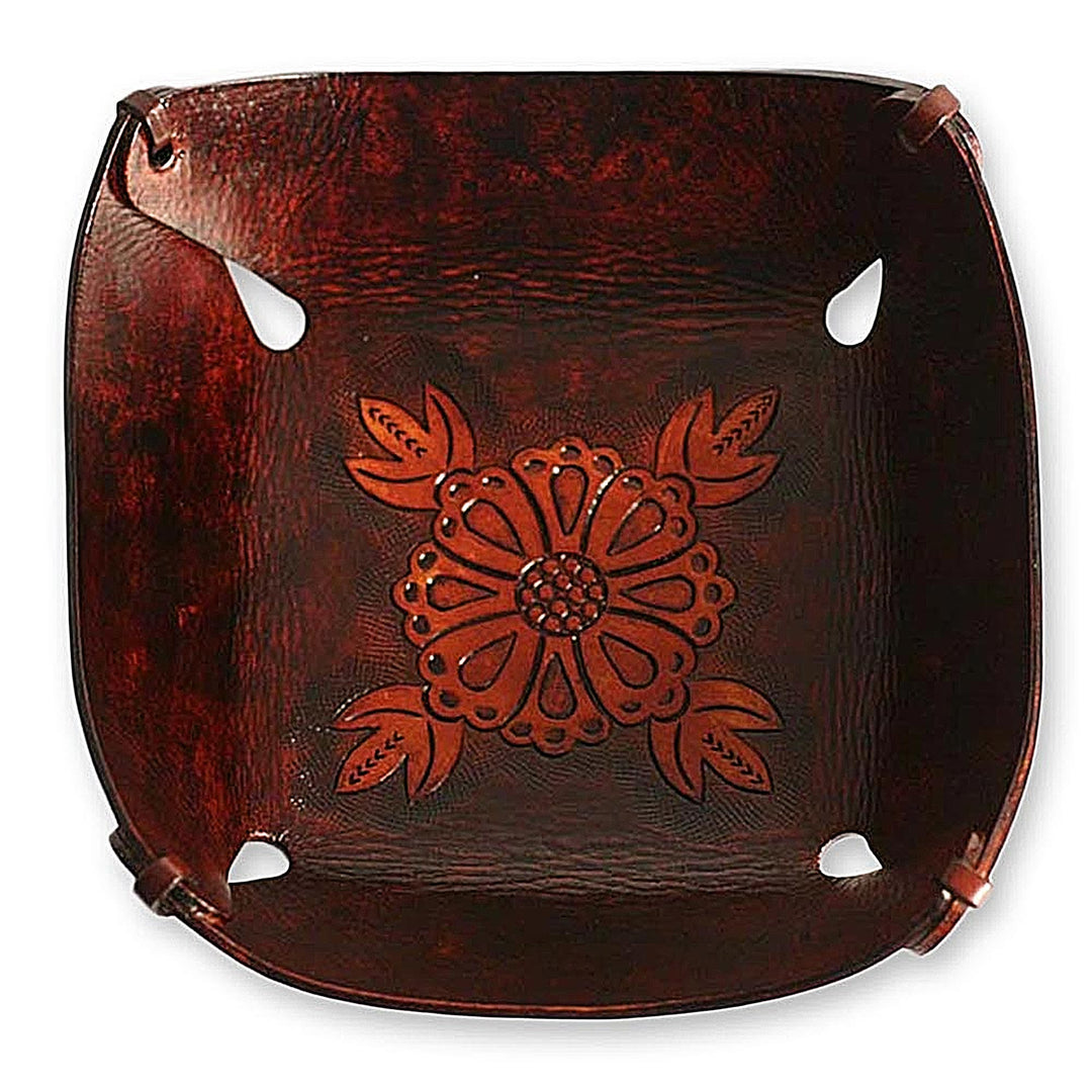 Leather Catchall in Brown Leather with a Floral Motif - Sunflower Magic