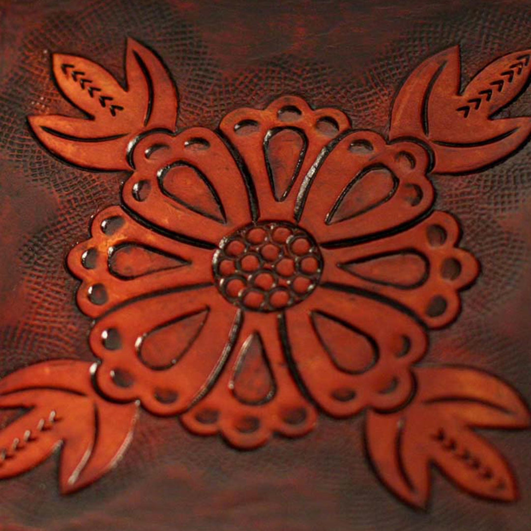 Leather Catchall in Brown Leather with a Floral Motif - Sunflower Magic