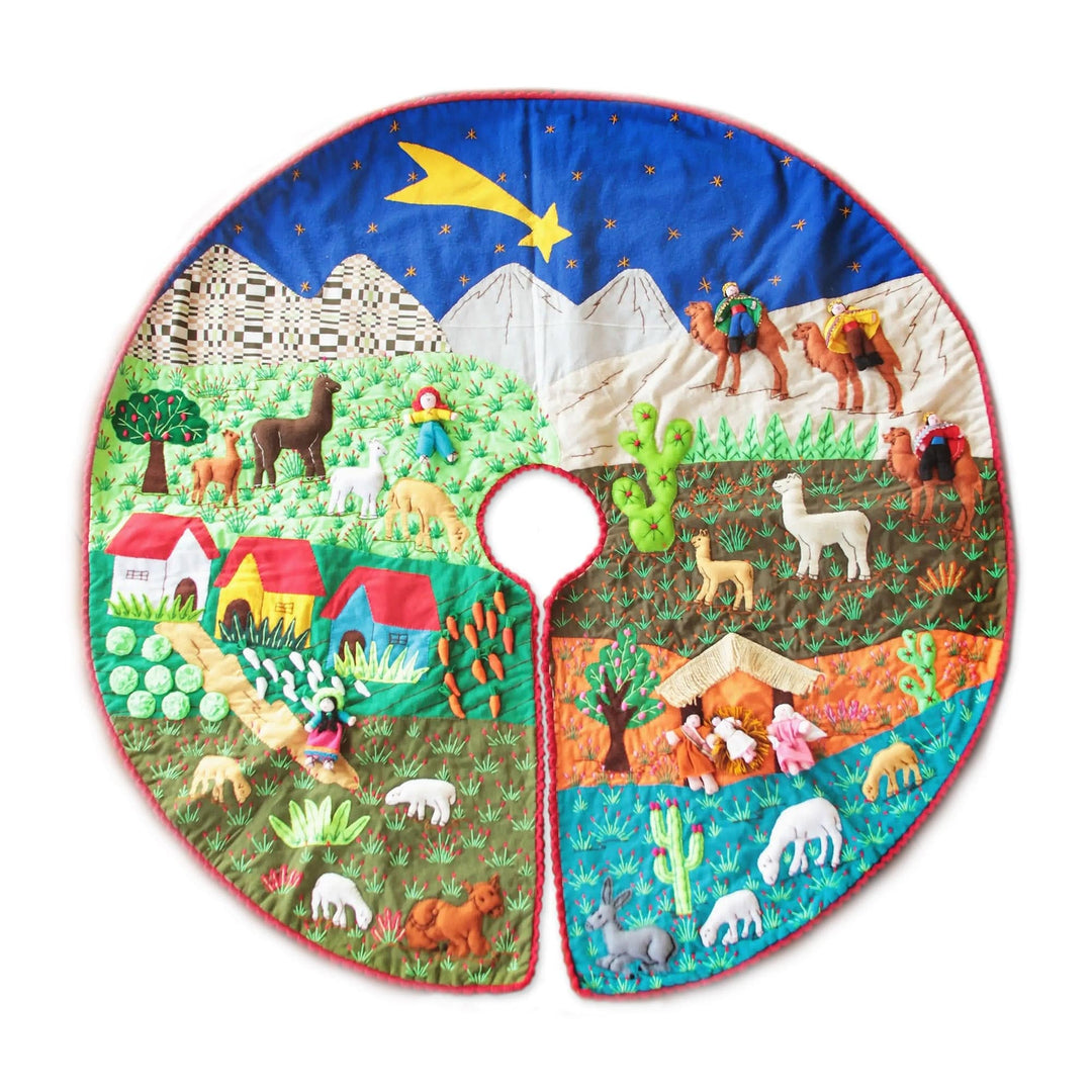 Fair Trade Christmas Cotton Applique Tree Skirt - Andean Christmas