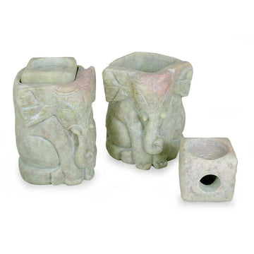 Natural Soapstone Hand Carved Candle Holders (Pair) - Baby Elephants