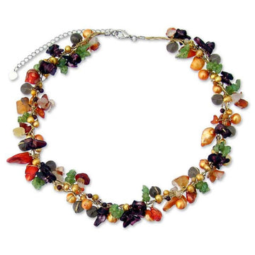 Colorful Multi Gemstone Beaded Necklace - Sweet Floral Cascade