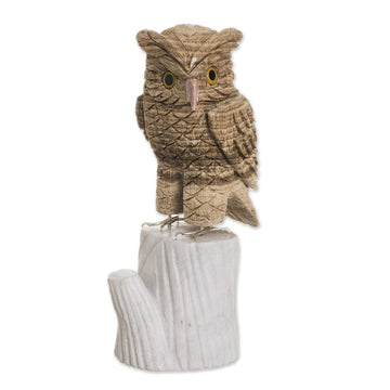 Artisan Crafted Aragonite Gemstone Sculpture - Horned Owl