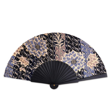 Silk batik fan - Blue Poppies