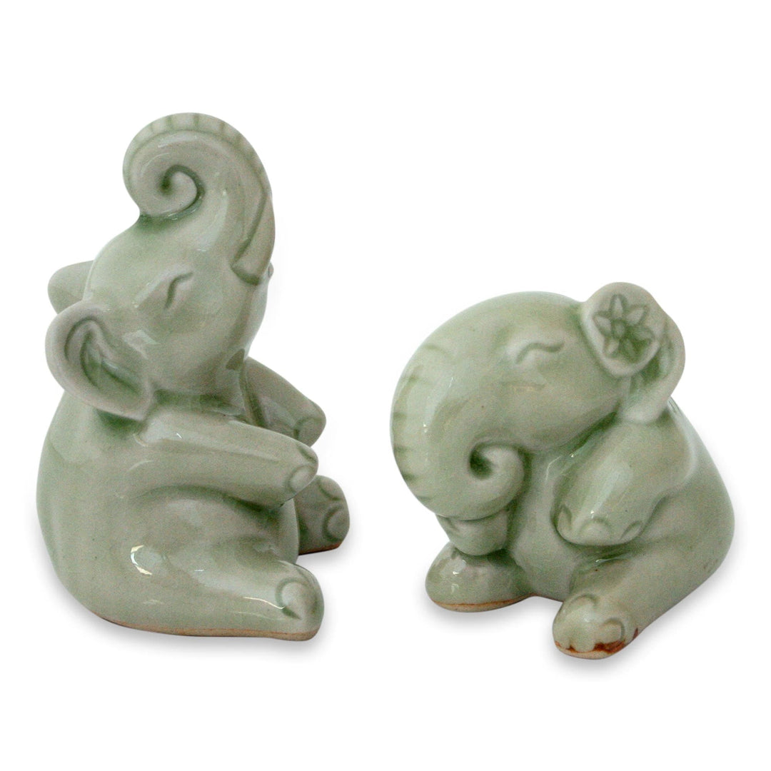 Hand Made Celadon Ceramic Sculptures (Pair) - Happy Green Elephants