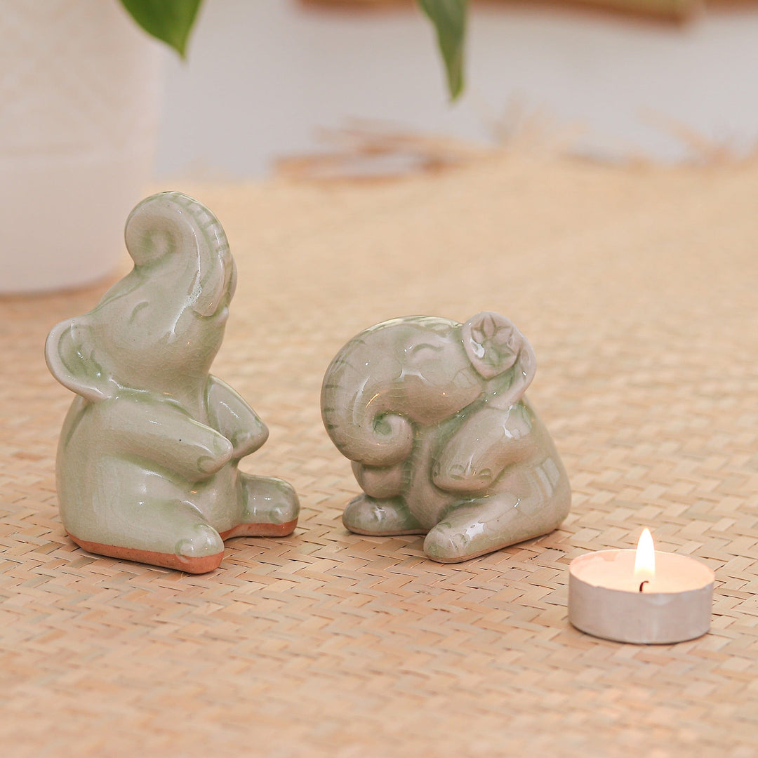 Hand Made Celadon Ceramic Sculptures (Pair) - Happy Green Elephants