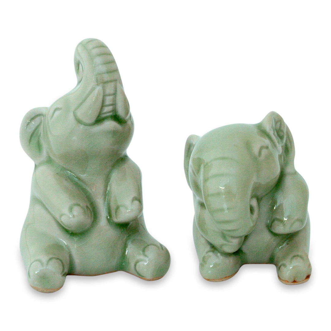 Hand Made Celadon Ceramic Sculptures (Pair) - Happy Green Elephants