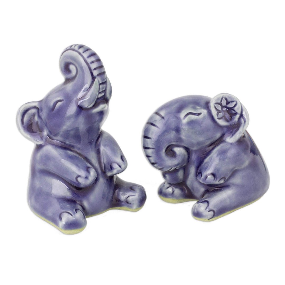 Hand Crafted Celadon Ceramic Sculptures (Pair) - Happy Blue Elephants