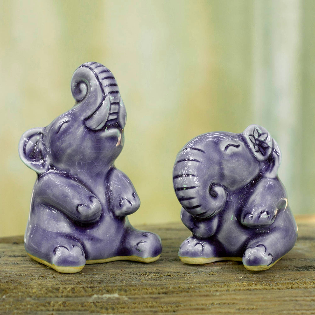 Hand Crafted Celadon Ceramic Sculptures (Pair) - Happy Blue Elephants