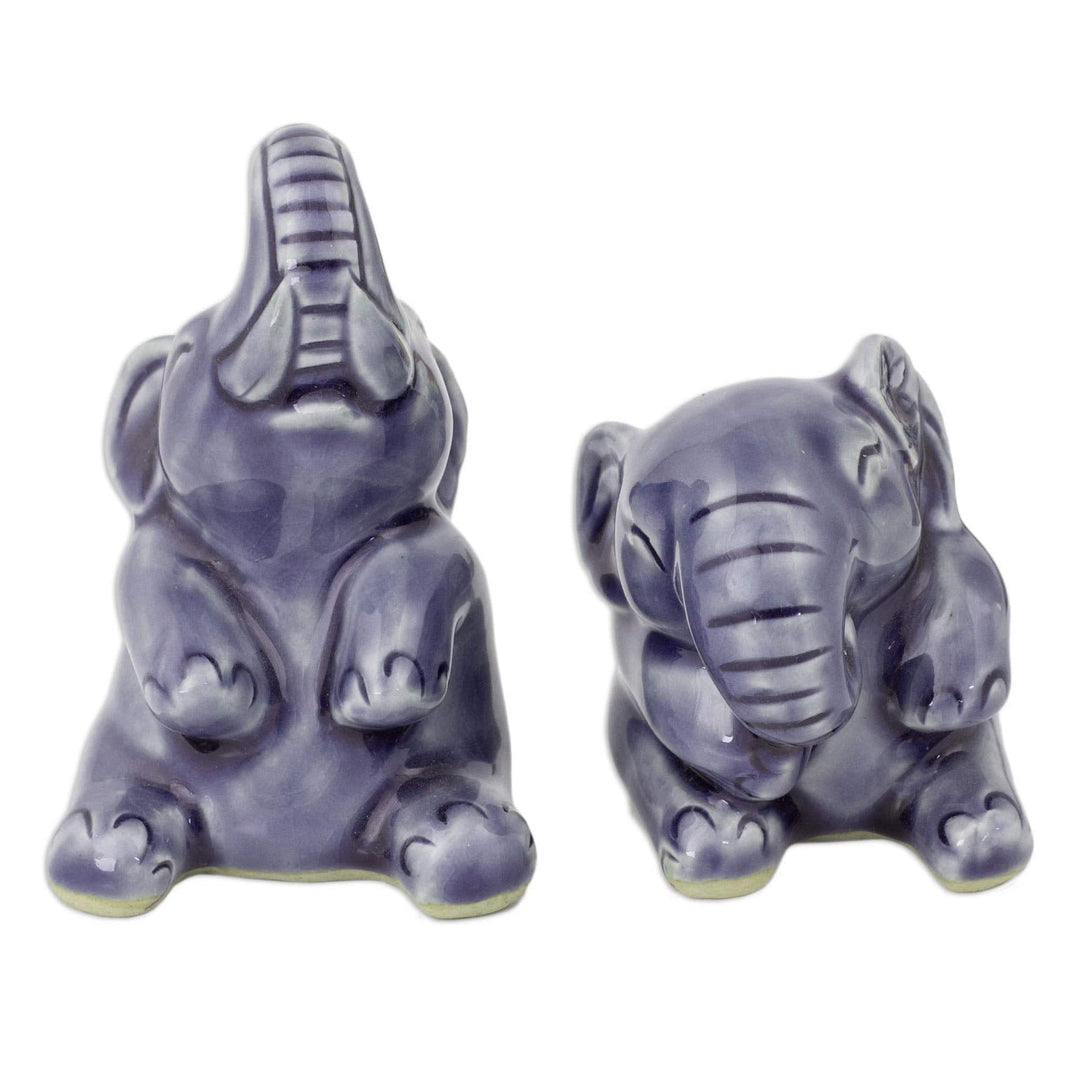 Hand Crafted Celadon Ceramic Sculptures (Pair) - Happy Blue Elephants