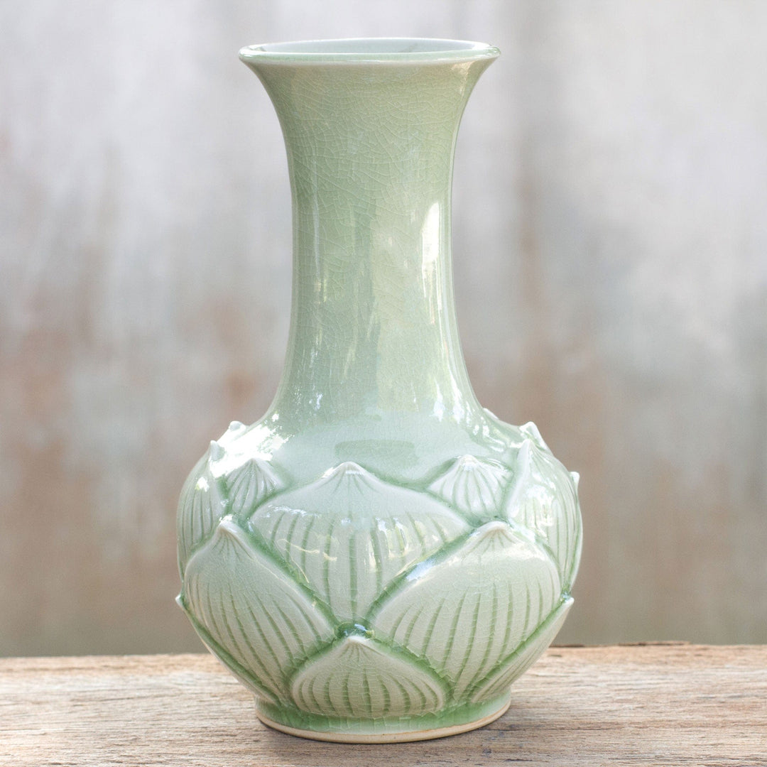 Green Floral 2024 Celadon Ceramic Jar, Lotus Pond