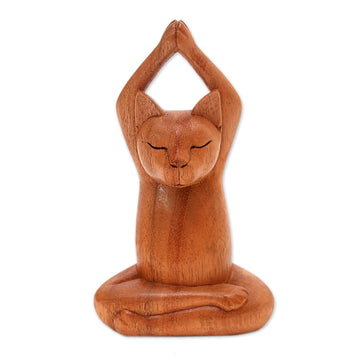 Hand Crafted Wood Sculpture from Indonesia - Toward the Sky Brown Yoga Cat