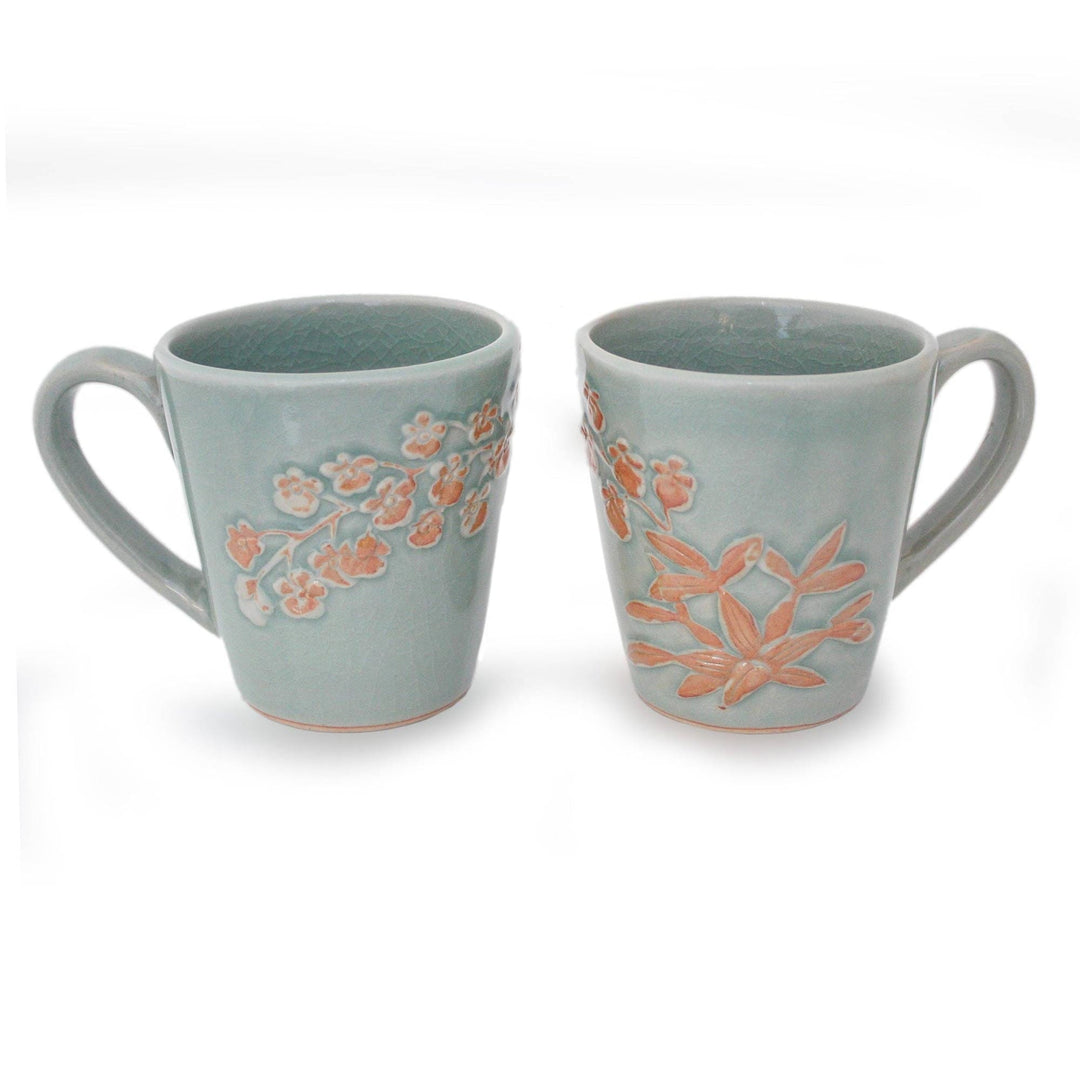 Unique Floral Ceramic Coffee Mugs (Pair) - Golden Orchid