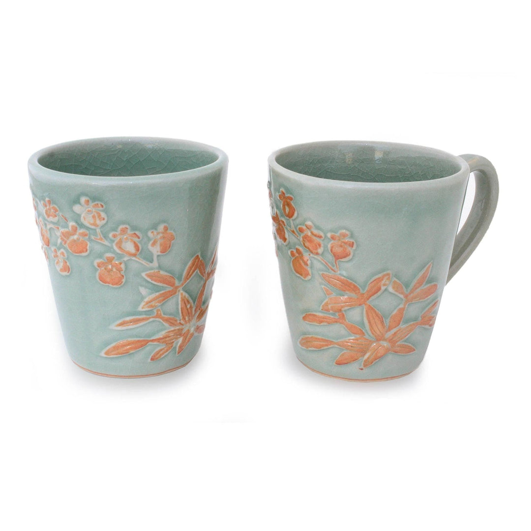 Unique Floral Ceramic Coffee Mugs (Pair) - Golden Orchid