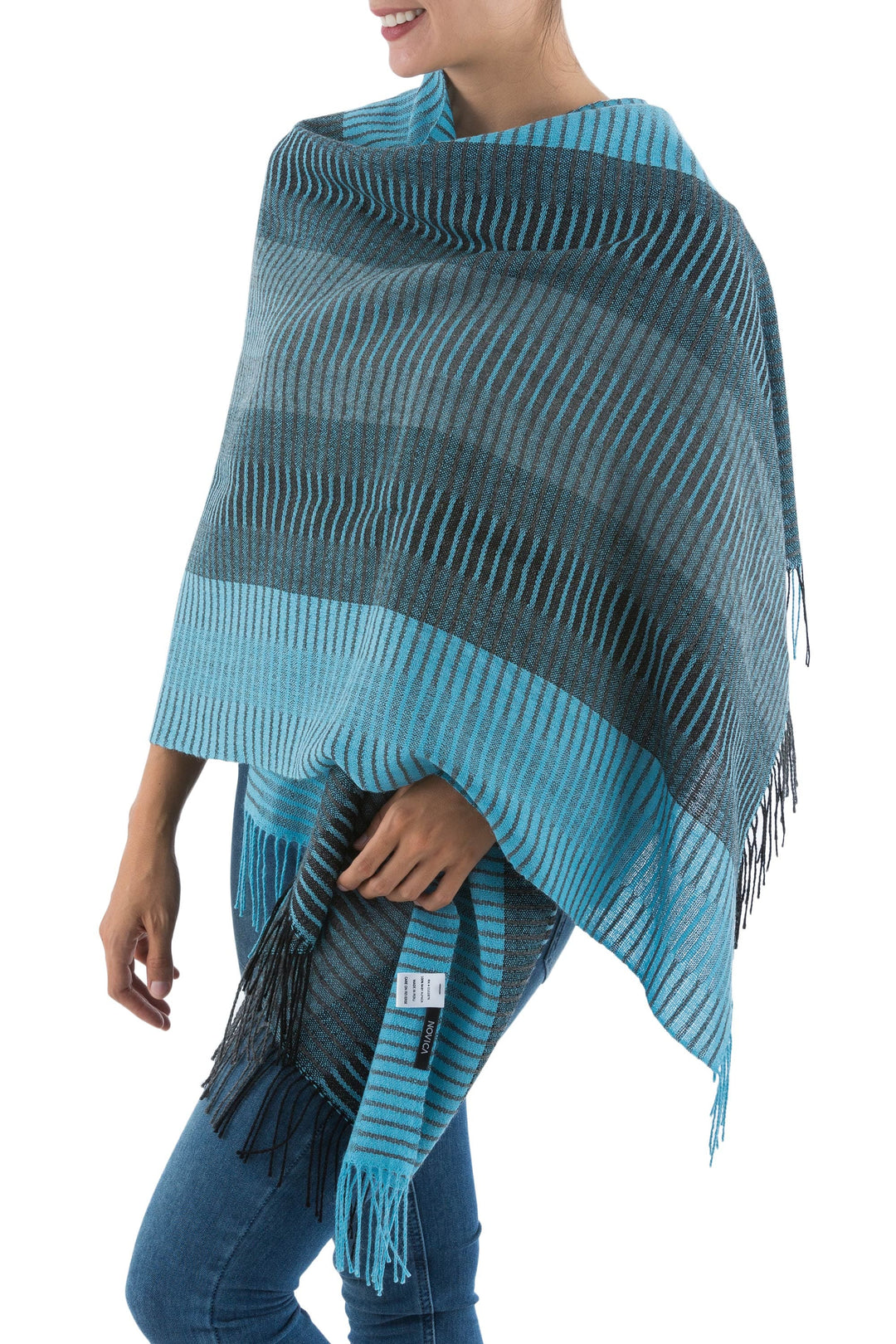 Peruvian Alpaca Wool Patterned Shawl - Turquoise Whisper
