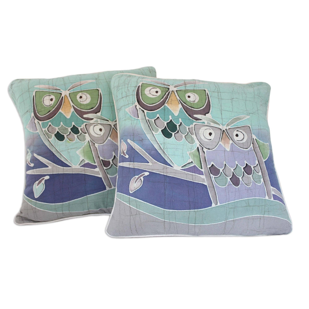 Artisan Crafted Cotton Cushion Covers (Pair) - Mischievous Owls
