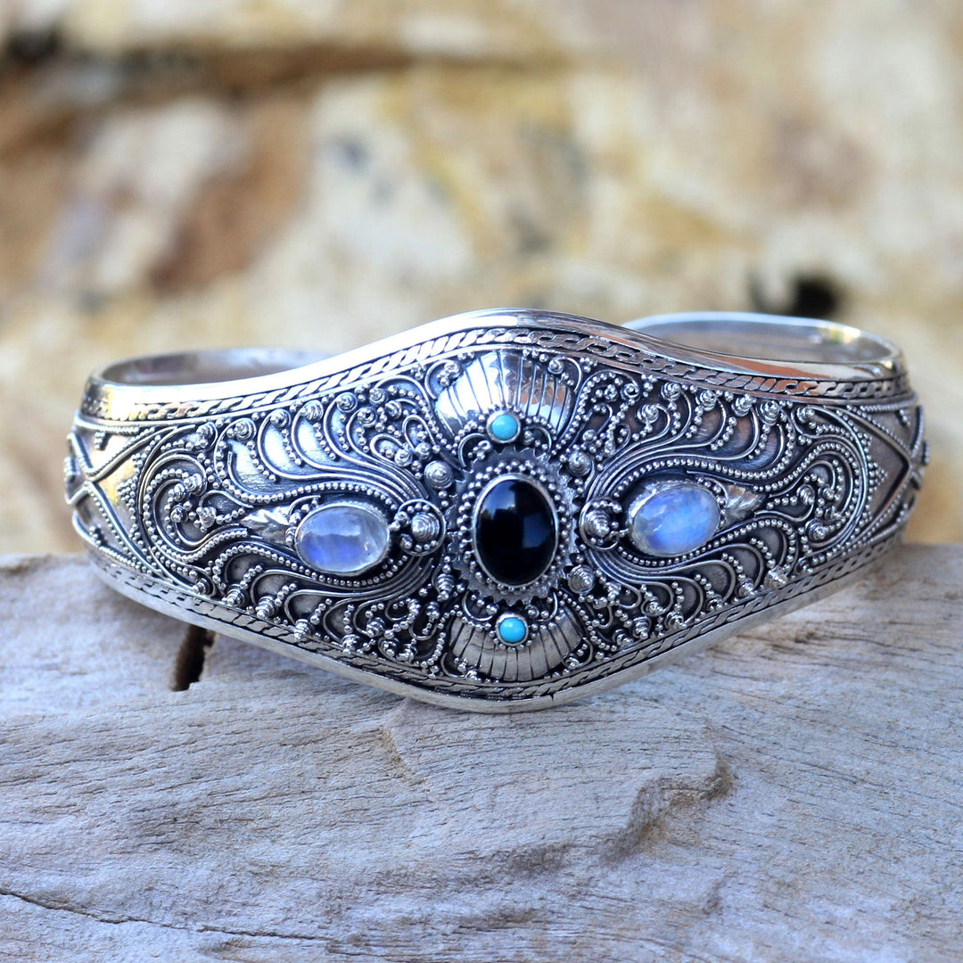 Moonstone and Onyx Silver Cuff Bracelet - Radiant Bali