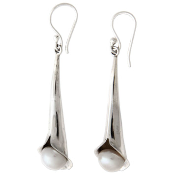 Sterling Silver and Pearl Dangle Earrings - Trumpet Flower