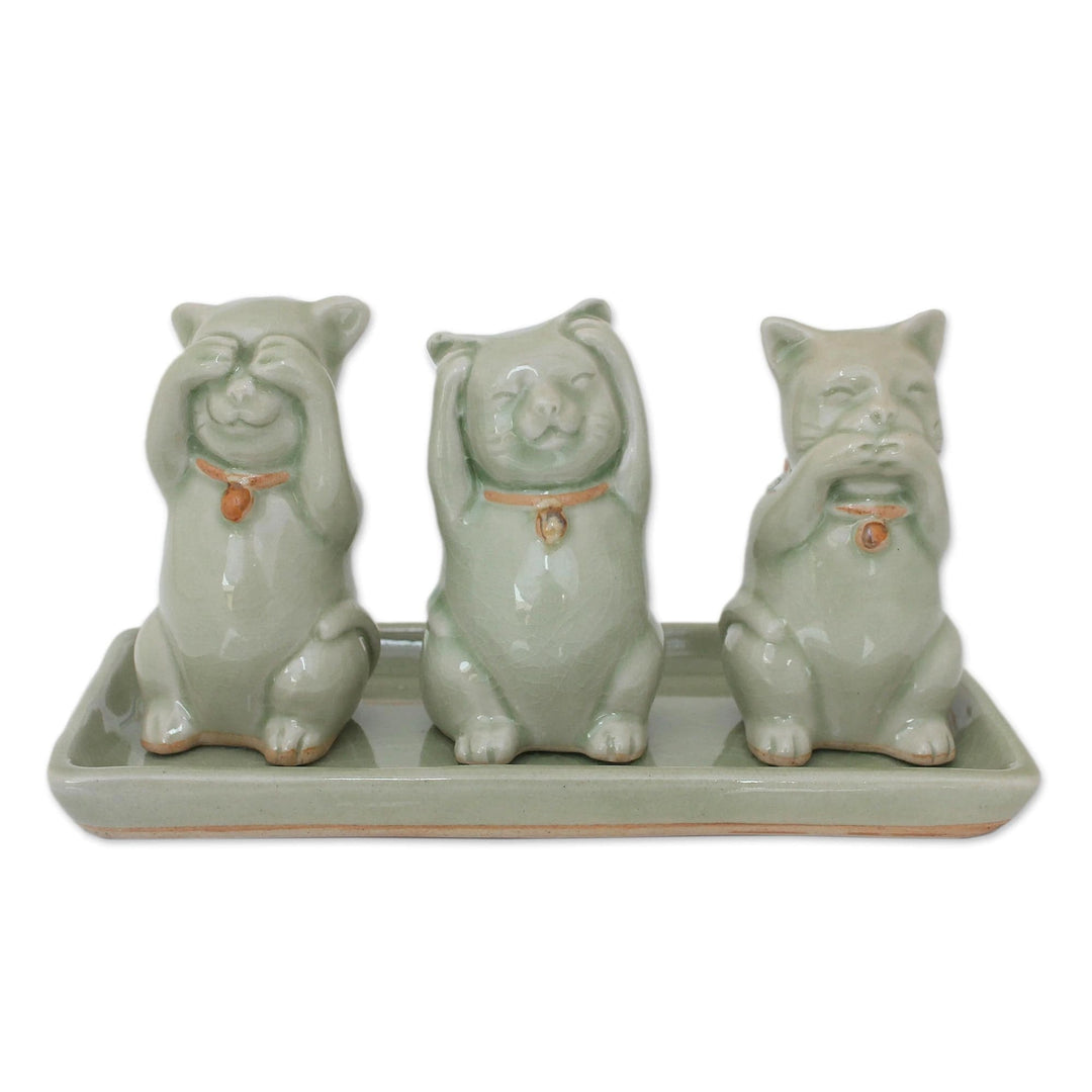 Celadon Ceramic Sculptures (Set of 3) - Cats Shun Evil
