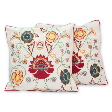 Embroidered Cotton Cushion Covers from India (Pair) - Eternal Spring
