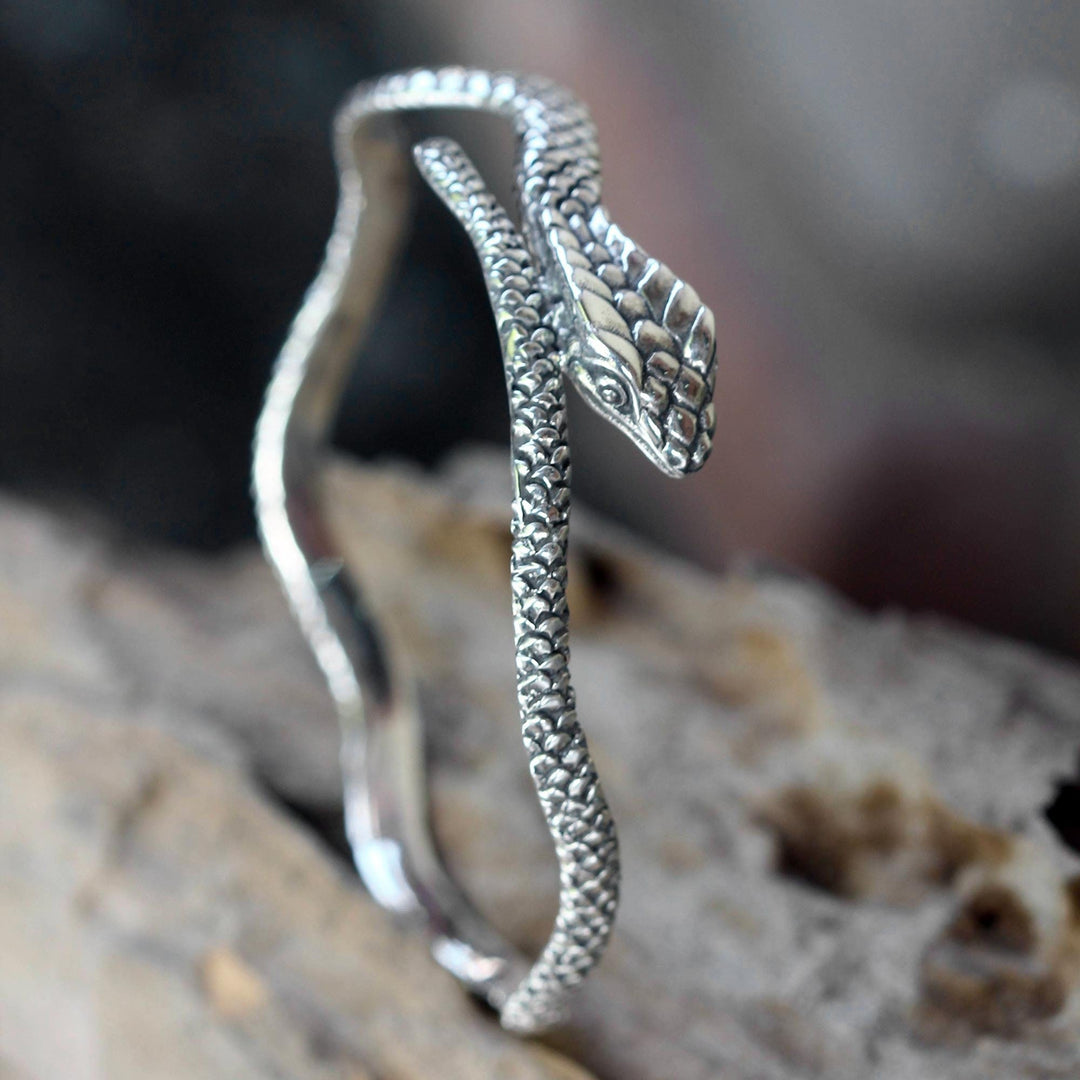 Hand Made Sterling Silver Snake Bangle Bracelet - King Cobra