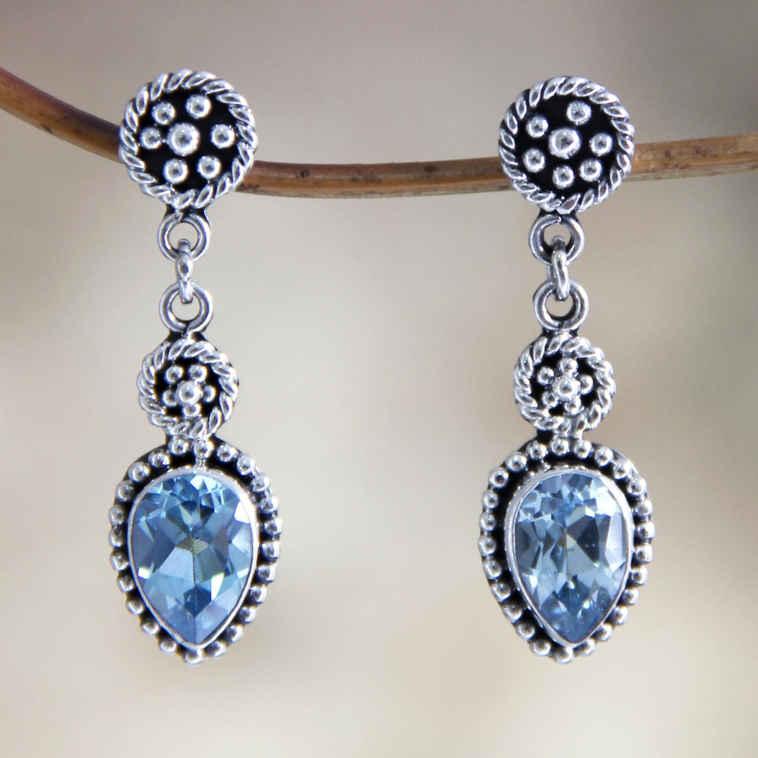 Blue Topaz and Sterling Silver Dangle Earrings - Balinese Jackfruit