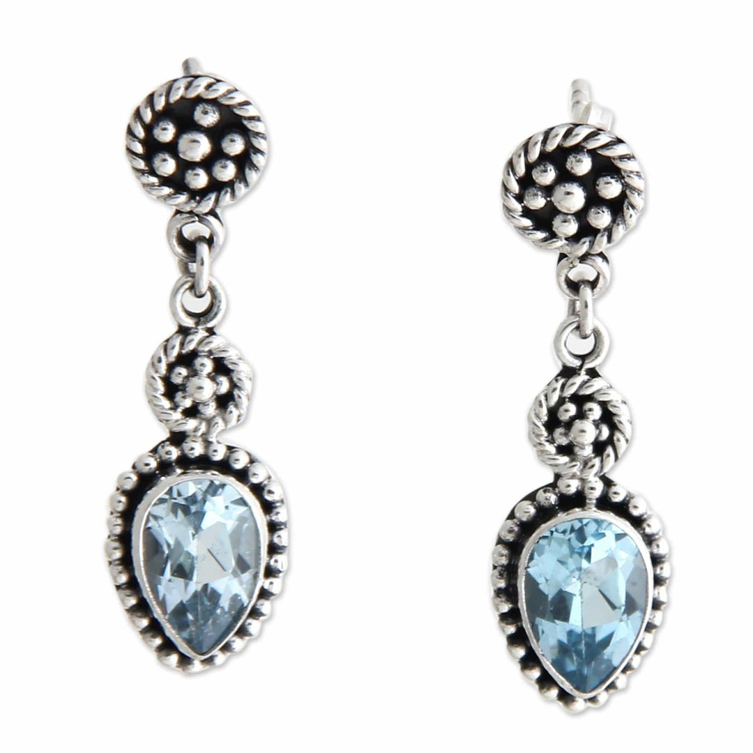 Blue Topaz and Sterling Silver Dangle Earrings - Balinese Jackfruit