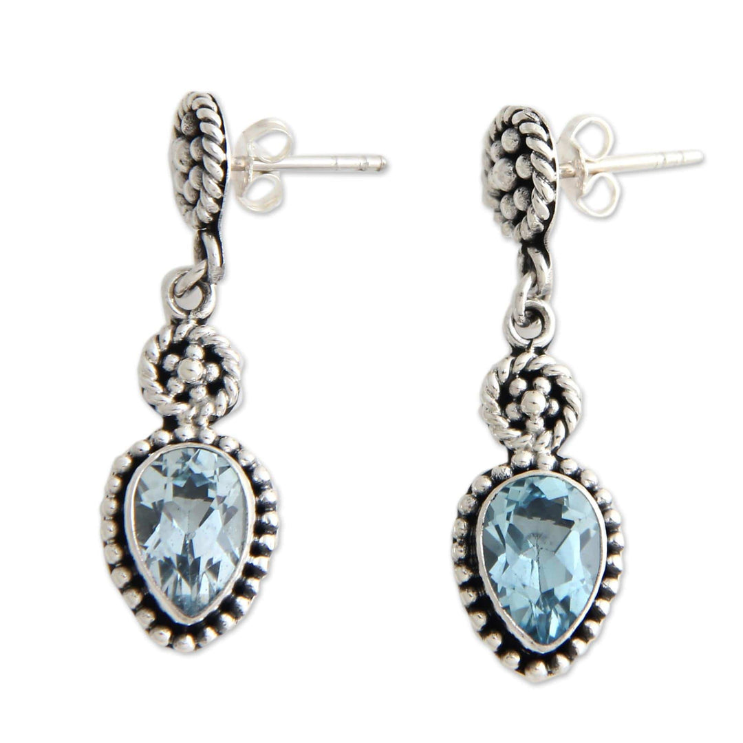 Blue Topaz and Sterling Silver Dangle Earrings - Balinese Jackfruit