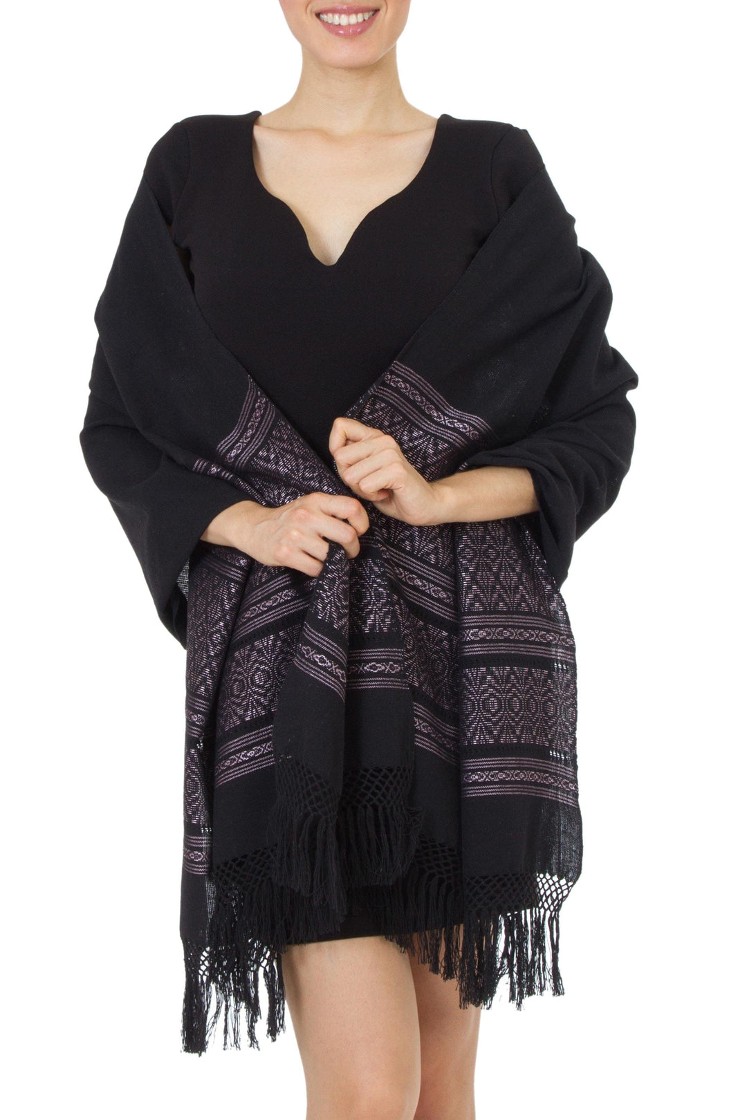 Geometric Cotton Patterned Shawl - Black Zapotec Treasures