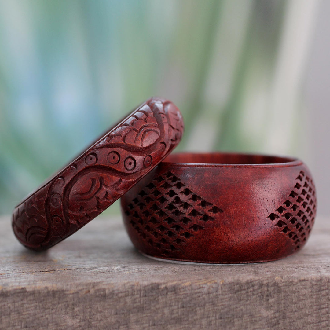 Floral Mango Wood Bangle Bracelets (Pair) - Romance