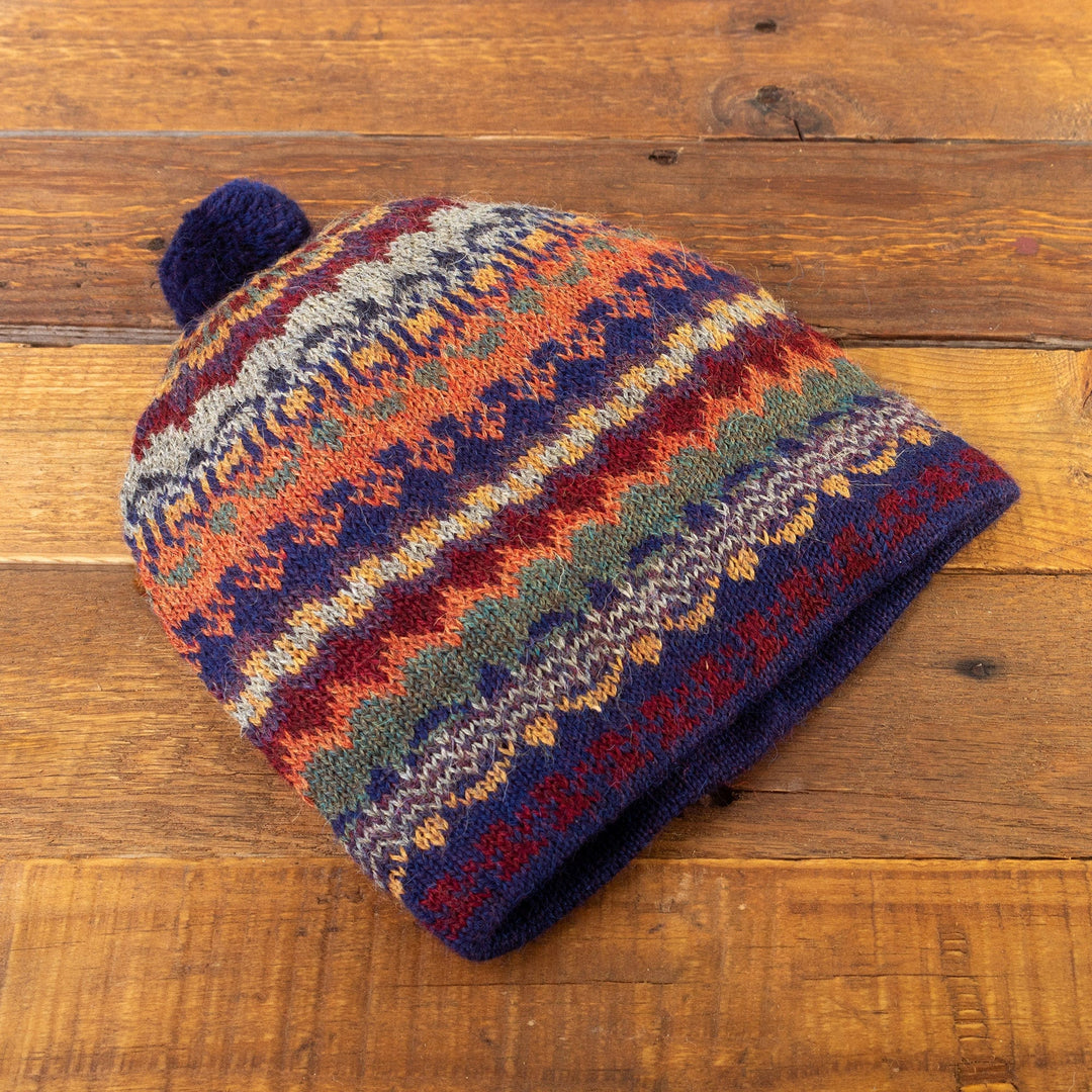 Handcrafted 100% Alpaca Wool Patterned Hat - Indigo Winter